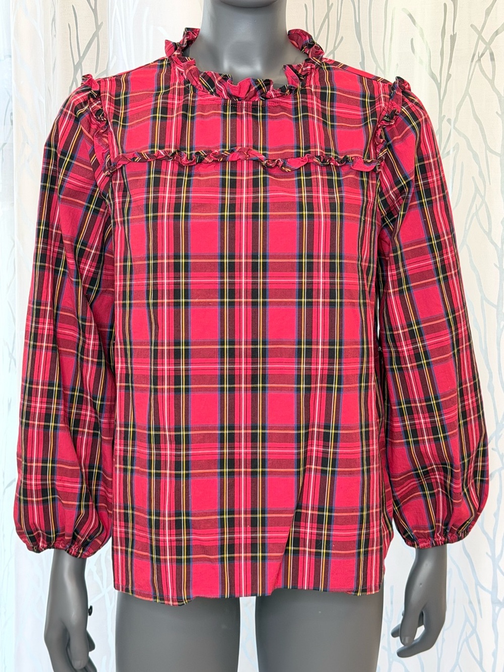 J.Crew Factory Red Tartan Plaid Festive Ruffle Neck Long Sleeve Top Size M